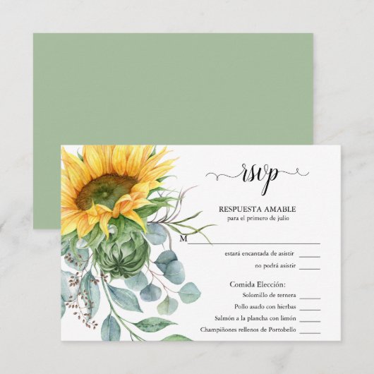 RSVP Elección de Comida Girasoles Rústicos Kaartje (Voorkant / Achterkant)