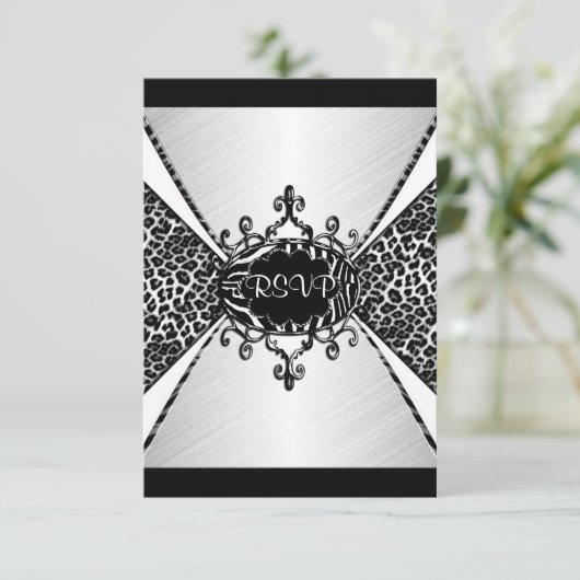 RSVP Elegant Birthday Leopard Zebra Black White Kaart (Staand voorkant)