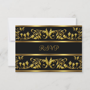 RSVP Elegant Black & Gold Floral fête d'anniversai
