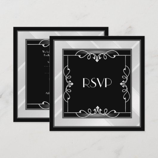 RSVP Elegant Black Silver White Art Deco Kaart (Voorkant / Achterkant)