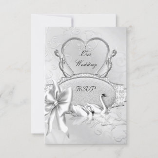 RSVP Elégant Mariage Argent Blanc Cygnes Coeur Bow