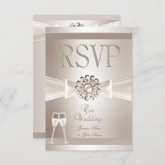 RSVP Élégant Mariage Damask Crème Blanc Champagne (Devant / Derrière)