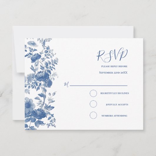 RSVP Elégant Mariage Floral Français Toile Bleu (Devant)