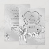 RSVP Elegante Trouw Zilver Witte Zwanen Hart Boog Kaartje (Voorkant / Achterkant)