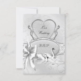 RSVP Elegante Trouw Zilver Witte Zwanen Hart Boog Kaartje