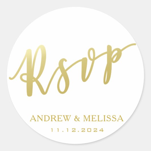 RSVP | Faux gouden penseel Script bruiloft Sticker (Voorkant)