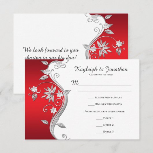 RSVP Fleurs rouges blanches et argentées ornées (Devant / Derrière)