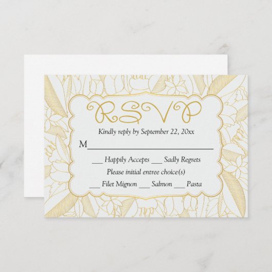 RSVP Floral Gold & White Feuilles & Fleurs - Menu (Devant / Derrière)