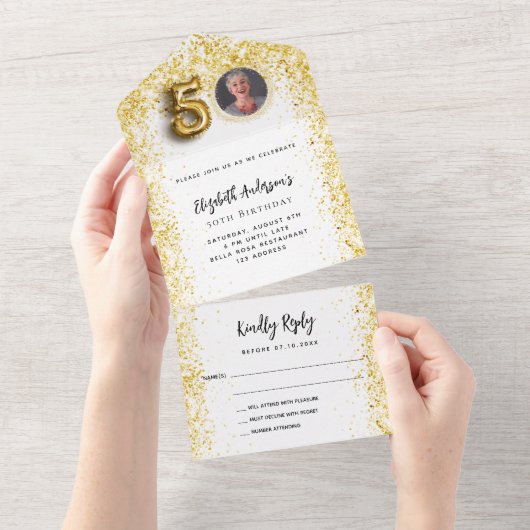 RSVP foto feestje 50e verjaardag witgoud All In One Uitnodiging (Afscheurbaar)