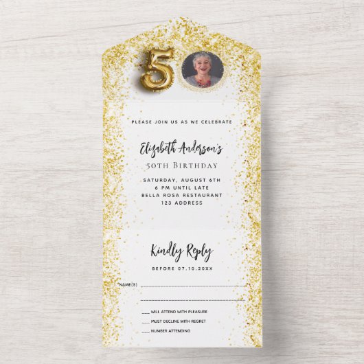 RSVP foto feestje 50e verjaardag witgoud All In One Uitnodiging (Binnen)