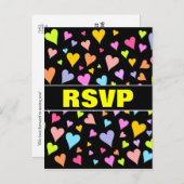 "RSVP" + Fun, liefdevol, kleurrijk hartenpatroon Uitnodiging Briefkaart (Voorkant / Achterkant)