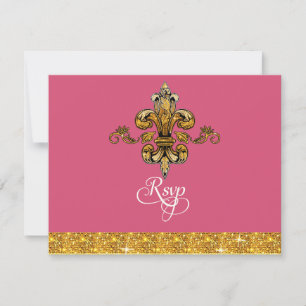 RSVP Glitter Faux Gold Black Formal Fleur de Lis Kaartje