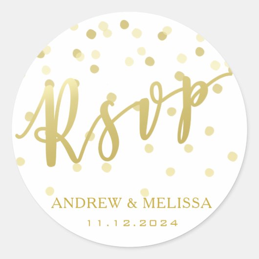 RSVP Gold Brush Script & Confetti bruiloft Sticker (Voorkant)