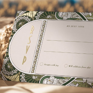 RSVP Gold Green Reply Art Nouveau Mucha Folie Feestdagen Briefkaart