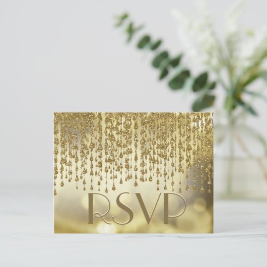 RSVP | Gouden Confetti Streams met Bokeh Achtergro Uitnodiging Briefkaart (Staand voorkant)