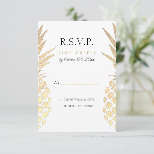 RSVP gouden folie ananasappel tropische bruiloft (Staand voorkant)