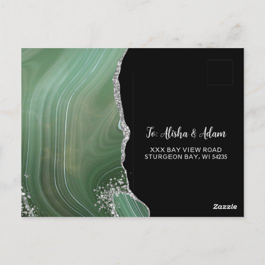 RSVP Green Agate Silver Glitter over zwart Briefkaart (Achterkant)