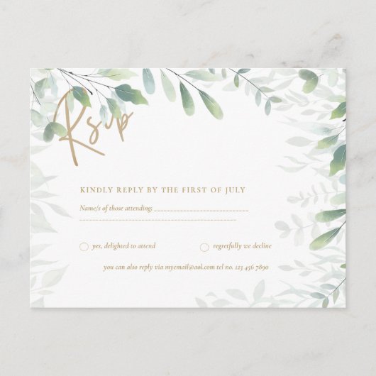 RSVP - Groene Bladeren Goud Ansichtkaart Briefkaart (Voorkant)