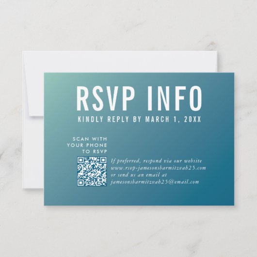 RSVP INFO CARD moderne bleu foncé menthe qrcode (Devant)