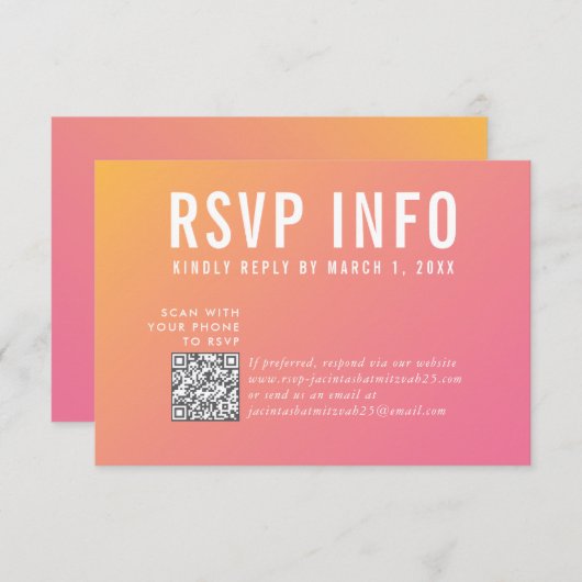 RSVP INFO KAART modern roze geel qrcode (Voorkant / Achterkant)