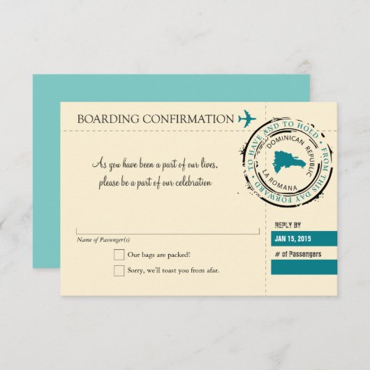 RSVP-instapkaart naar Dominicaanse Republiek RSVP Kaartje (Voorkant / Achterkant)