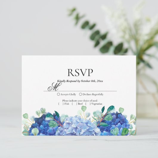 RSVP kaart blauwe hortensia eucalyptus groen (Staand voorkant)