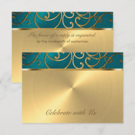 RSVP-kaart Elegant Blauwgroen Blue en Gold Filigre RSVP Kaartje