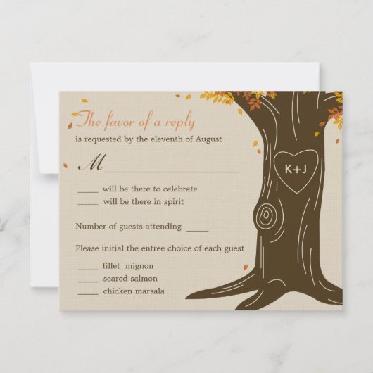 RSVP-kaart met Oak Tree Fall Weddenschap met menus RSVP Kaartje (Voorkant)