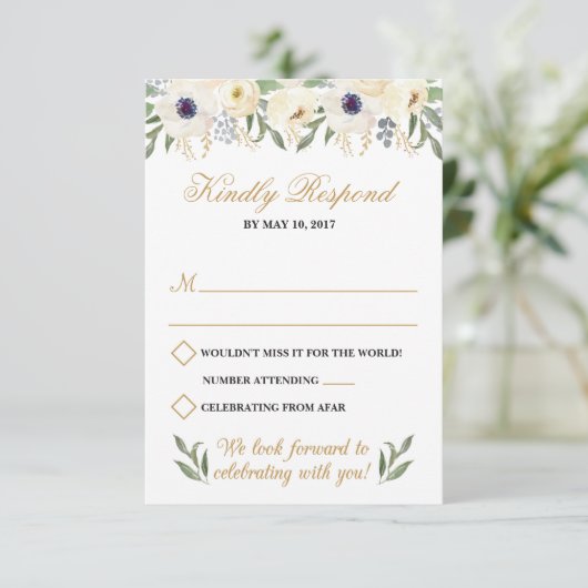 RSVP-Kaart (White and Gold Floral Wedding) Kaart (Staand voorkant)