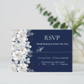 RSVP kaart witte bloem sakura marineblauw (Staand voorkant)