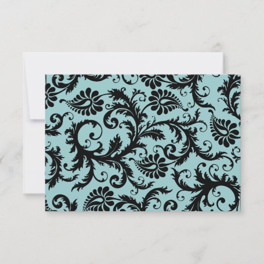RSVP-kaarten - Zwart en wit Damask Aqua Blue RSVP Kaartje (Voorkant)