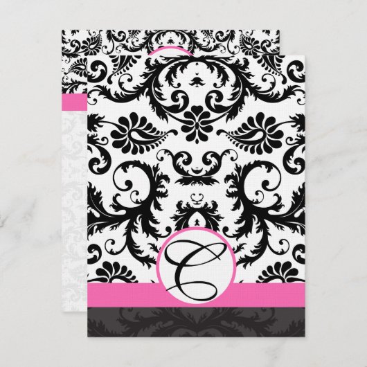 RSVP-kaarten - Zwart en wit Damask hot-roze sierst Kaart (Voorkant / Achterkant)