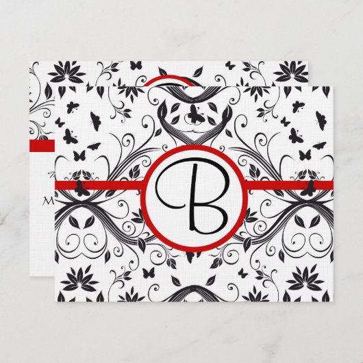 RSVP-kaarten - Zwart en wit Damask Red Trim RSVP Kaartje (Voorkant / Achterkant)