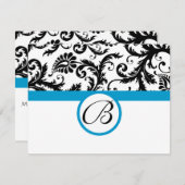 RSVP-kaarten - Zwart & Wit Damask Aqua Trim RSVP Kaartje (Voorkant / Achterkant)