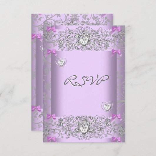 RSVP Lila Damast Trouw Wit Diamanten Hartjes (Voorkant / Achterkant)
