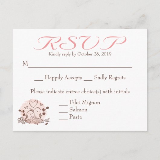 RSVP Lovebirds Roze en Bruin Reactie Kaart (Voorkant)