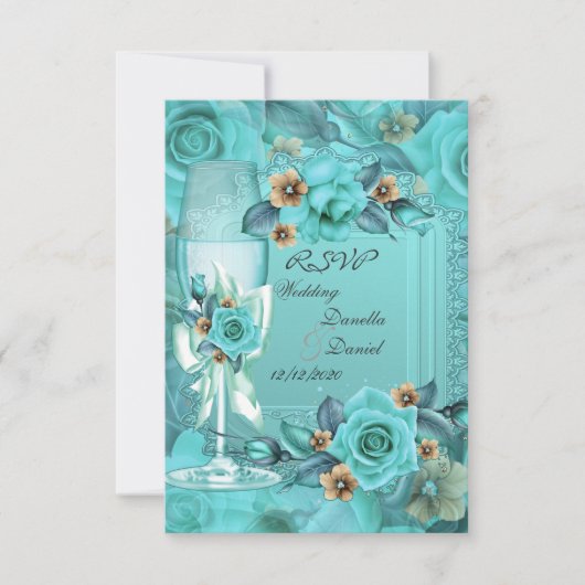 RSVP Mariage Bleu Sarcelle Beige Roses Fleurs 3 (Devant)