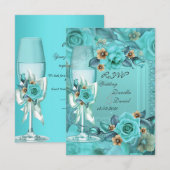 RSVP Mariage Bleu Sarcelle Beige Roses Fleurs 3 (Devant / Derrière)