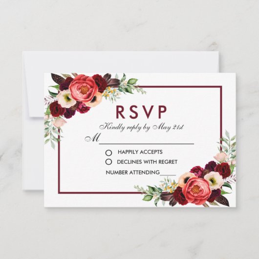 RSVP Mariage Bohème Floral Aquarelle Bourgogne (Devant)