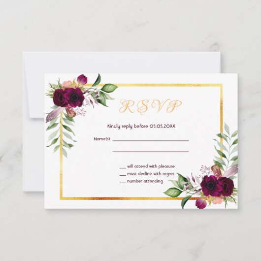 RSVP mariage bohème florales bohème bordeaux blanc (Devant)