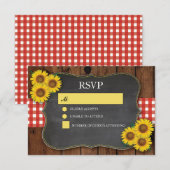 RSVP Mariage Bois Rustique Rouge à Carreaux Soleil (Devant / Derrière)