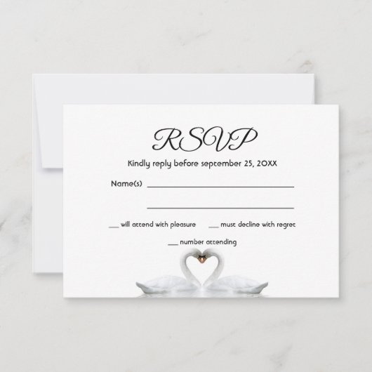 RSVP mariage carte blanche couple de cygne blanc é (Devant)