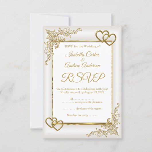 RSVP Mariage Cream Vintage Coeurs d'or blanc (Devant)