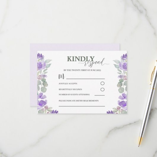 RSVP Mariage d'aquarelle florale pourpre (Devant/Arrière en situation)