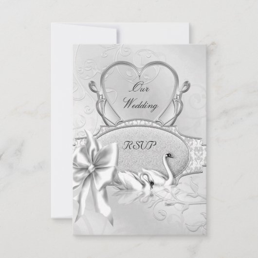 RSVP Mariage Élégant Cygnes Blancs Argent Cœur Rub (Devant)