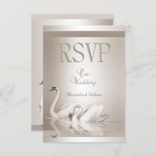 RSVP Mariage Élégant Cygnes Damassé Crème Blanc (Devant / Derrière)