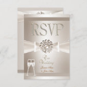 RSVP Mariage Élégant Damassé Crème Blanc Champagne (Devant / Derrière)