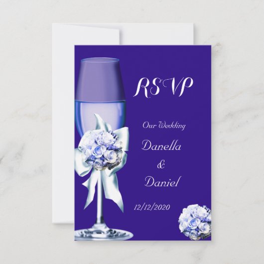 RSVP Mariage Élégant Fleurs Roses Argentées Bleu N (Devant)