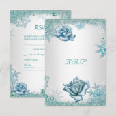 RSVP Mariage Elégant Pailletté Bleu sarcelle Roses (Devant / Derrière)