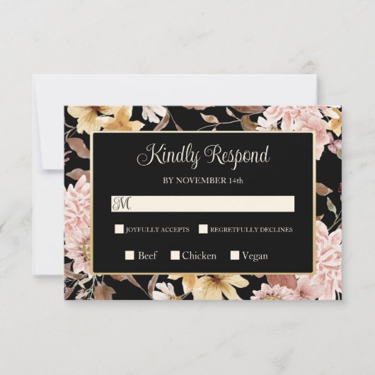 RSVP Mariage Fleurs de Boho Noires et Oiseaux (Devant)